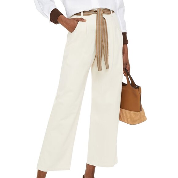 Brunello Cucinelli Wide Leg Jeans Beige Denim Ribbon Belt Relaxed Fit Size 10 - Picture 1 of 9